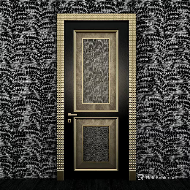 Elegant Modern Swing Door With Golden Frame And Textured Panel On Patterned Wall 3d model 