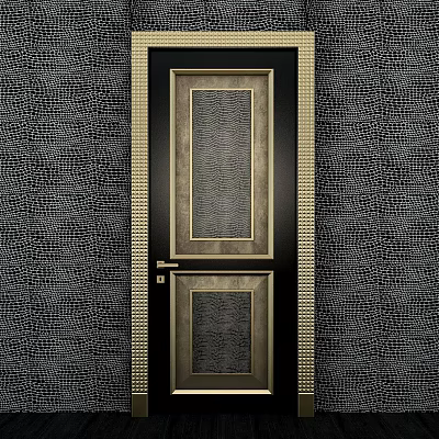 Elegant Modern Swing Door With Golden Frame And Textured Panel On Patterned Wall 3d model