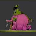 Tiny Elf Character By Whimsical Pink Mushroom House With Green Leaves And Grass Path