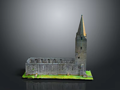 Ancient Church Ruin Model With Tall Spire Stone Structure And Grass Base 3d model