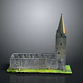 Ancient Church Ruin Model With Tall Spire Stone Structure And Grass Base