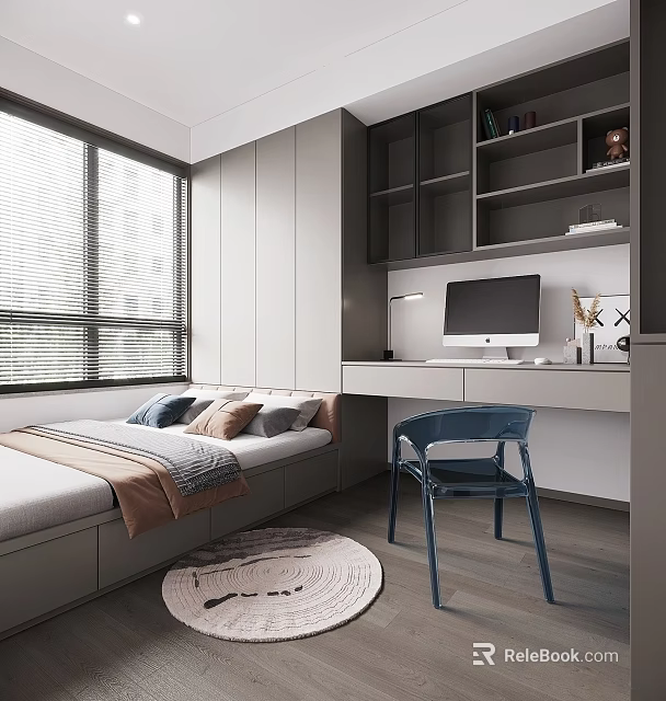 Modern Tatami Bedroom with Tatami Bed Desk Computer and Bookshelf Near Window Blinds 3d model 