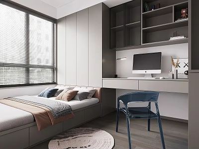 Modern Tatami Bedroom with Tatami Bed Desk Computer and Bookshelf Near Window Blinds 3d model