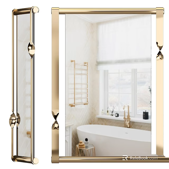Bathroom Mirror with Gold Accents in Modern Interior Featuring White Bathtub and Gold Towel Rack 3d model 