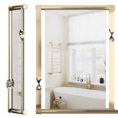 Bathroom Mirror with Gold Accents in Modern Interior Featuring White Bathtub and Gold Towel Rack 3d model
