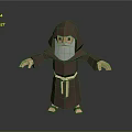 Bearded Hooded Monk 3D Character In Low Poly Style With Brown Robe And Belt