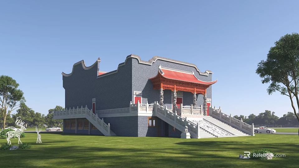Ancient Chinese Architecture With Gray Walls Red Roof And Stone Stairs In Courtyard 3d model 