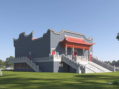 Ancient Chinese Architecture With Gray Walls Red Roof And Stone Stairs In Courtyard 3d model
