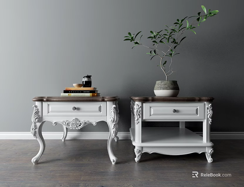 Pair of Classic White Side Tables With Wooden Tops Carved Legs And Potted Plant 3d model 