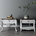 Pair of Classic White Side Tables With Wooden Tops Carved Legs And Potted Plant