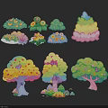 Colorful Cartoon Trees And Flowers With Various Shapes And Vibrant Designs