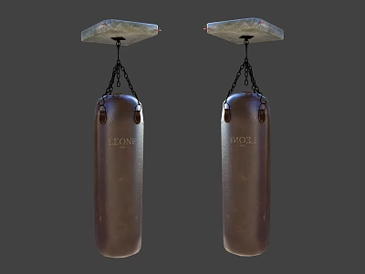 Hanging Brown Boxing Punching Bags With Leone And Spartan Labels And Chain Mounts 3d model