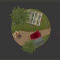 Cartoon Scene With Small Wooden House Red Roof Green Trees And Grassy Area
