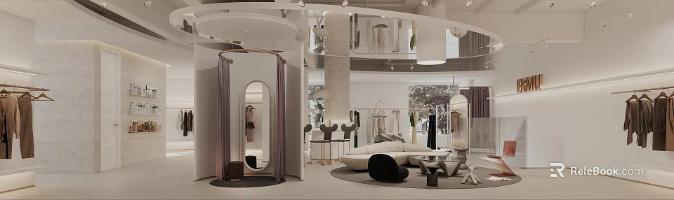 Modern Clothing Store Interior With Curved Mirror Sofa Seating Clothes Racks And Decorative Lights 3d model 