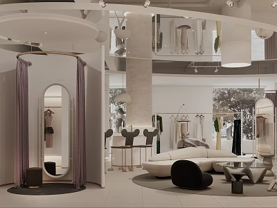 Modern Clothing Store Interior With Curved Mirror Sofa Seating Clothes Racks And Decorative Lights 3d model