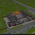 Ancient Architecture Complex With Courtyard Red Walls Yellow Roofs Surrounded By Green Trees And Roads
