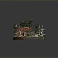 Cartoon Scene With Red Houses Green Roofs Trees And Boat On Circular Island