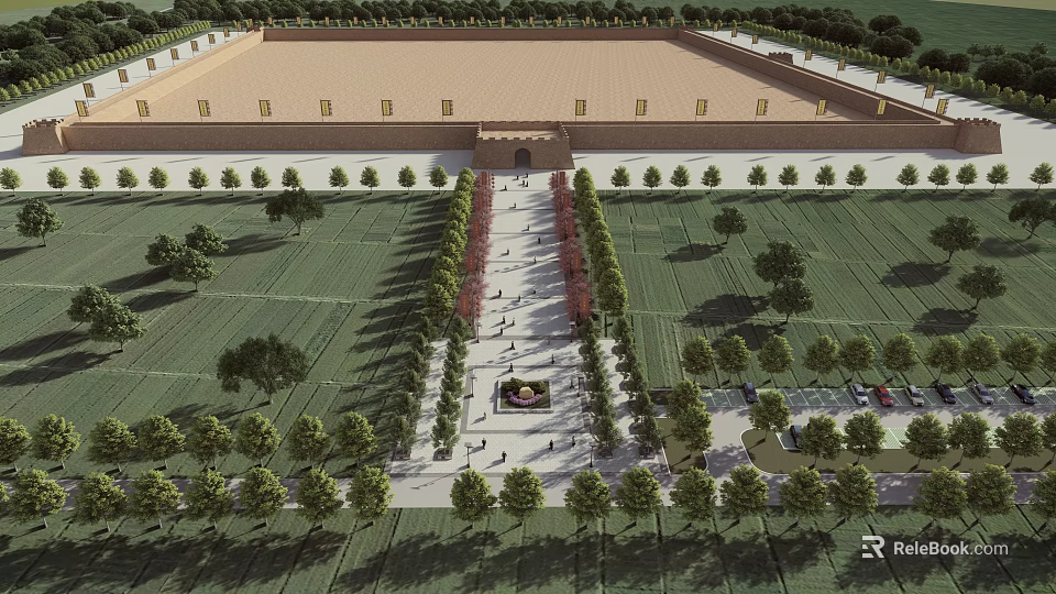 Scenic Overhead View of Garden with Neat Lawns Trees Pathway and Plaza 3d model 