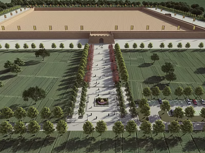 Scenic Overhead View of Garden with Neat Lawns Trees Pathway and Plaza 3d model