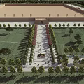 Scenic Overhead View of Garden with Neat Lawns Trees Pathway and Plaza
