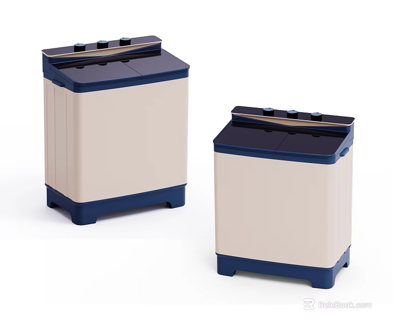 Two Modern Twin Tub Washing Machines With Beige Bodies And Navy Blue Lids 3d model 