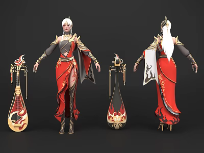 Game Movie Character With Red Gold Outfit White Long Hair And Pipa Flame Pattern 3d model
