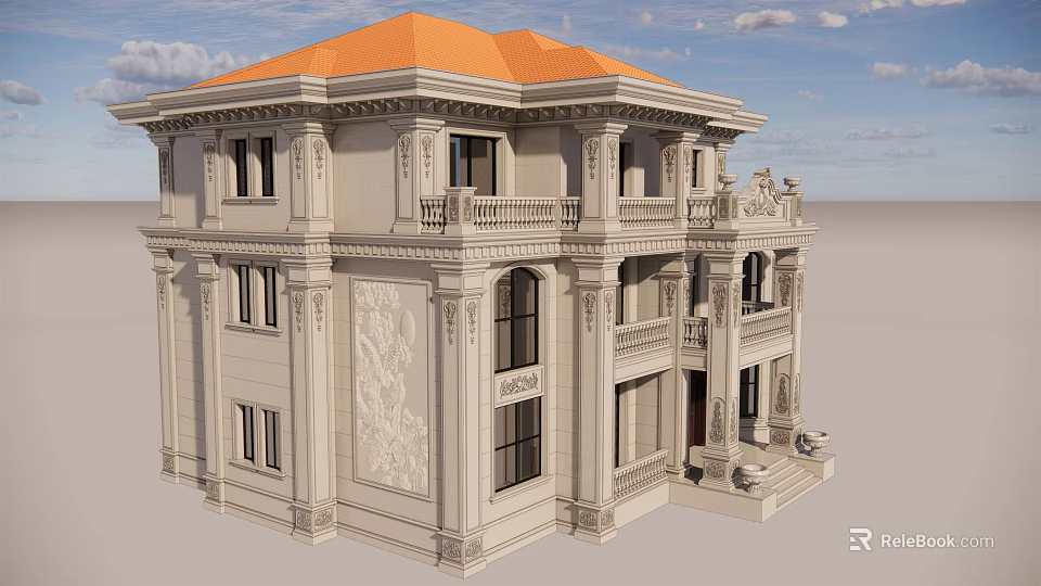 Multi-Story European Classical Detached Villa With Orange Roof Carved Details And Balconies 3d model 