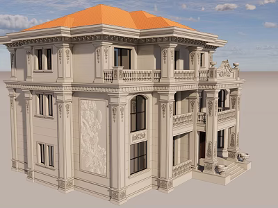Multi-Story European Classical Detached Villa With Orange Roof Carved Details And Balconies 3d model