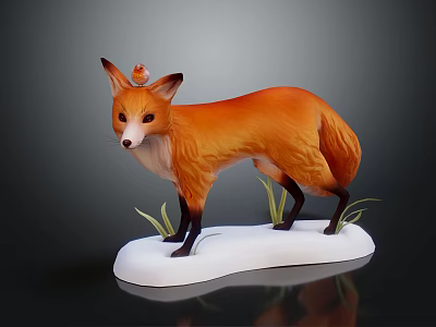 Orange Fur Fox Model Standing On White Snow Base With Green Grass Around 3d model