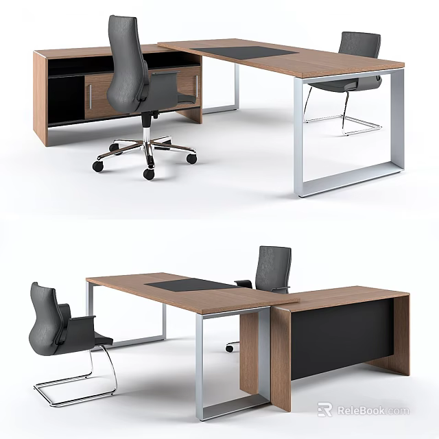 Modern Office Desk And Chair Set With Wooden Top Metal Frame Drawers And Wheels 3d model 