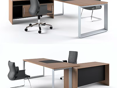 Modern Office Desk And Chair Set With Wooden Top Metal Frame Drawers And Wheels 3d model