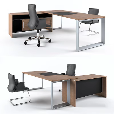 Modern Office Desk And Chair Set With Wooden Top Metal Frame Drawers And Wheels 3d model