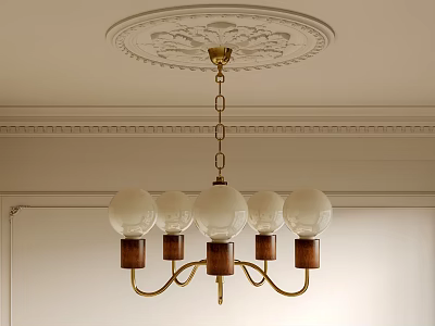 Elegant Five Bulb Chandelier with Wooden Bases and Golden Chain on Ceiling Medallion 3d model