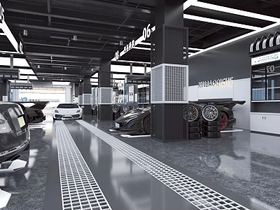 4S Car Dealership Interior With Display Cars Service Area And Tire Storage Racks 3d model