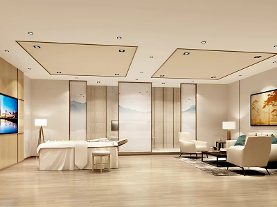 Modern SPA Treatment Room With Massage Table Sofa Landscape Screens Minimalist Lighting And Wooden Flooring 3d model