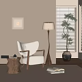 Light Beige Upholstered Leisure Chair with Wooden Frame Floor Lamp and Potted Plant