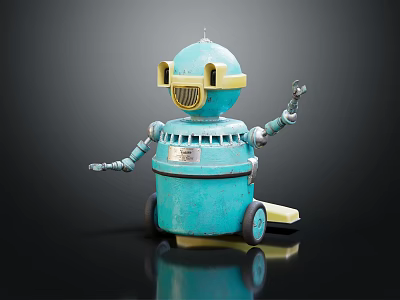 Turquoise Smart Robot With Yellow Accents Raised Arm And Wheels On Shiny Surface 3d model