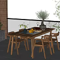 Outdoor Wooden Dining Table Set With Lemon Coffee Pot Plant And Green Trees Balcony