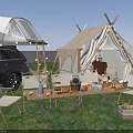 Serene Garden Landscape With Green Grass Camping Tent Wooden Tables Chairs And Blue Car