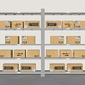Industrial Metal Storage Shelving Units Holding Stacked Cardboard Boxes With Labels