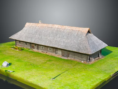 Traditional Wooden House Exterior With Thatched Roof And Green Grass Lawn 3d model
