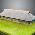 Traditional Wooden House Exterior With Thatched Roof And Green Grass Lawn