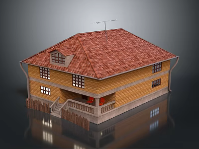 Wooden House Exterior With Red Tiled Roof Windows And Balcony Stairs 3d model