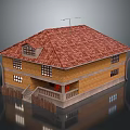 Wooden House Exterior With Red Tiled Roof Windows And Balcony Stairs