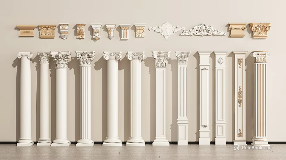 Display Of Roman Columns With Diverse Designs And Decorative Elements 3d model 