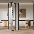 Modern Interior With Glass And Metal Frame Folding Doors Dividing Living And Dining Areas