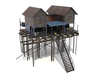 Stilted Wooden House Structure With Two Connected Units And Exterior Staircase 3d model