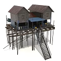 Stilted Wooden House Structure With Two Connected Units And Exterior Staircase
