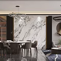 Modern Tea Room Interior With Wooden Shelves And Long Table