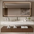 Modern Bathroom Vanity Cabinet With Lighted Mirror Marble Countertop Towels And Toiletries